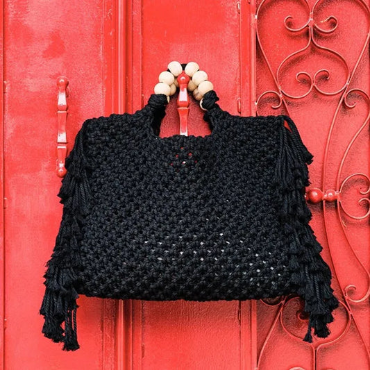 Fringe Macrame Handbag Black