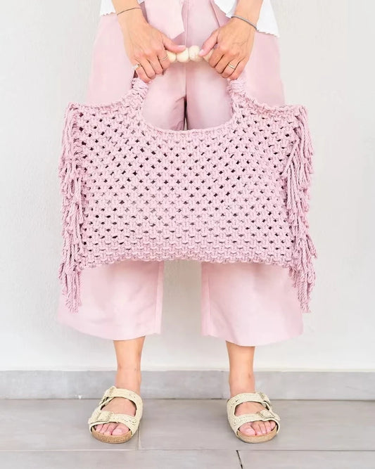 Fringe Macrame Handbag Pink